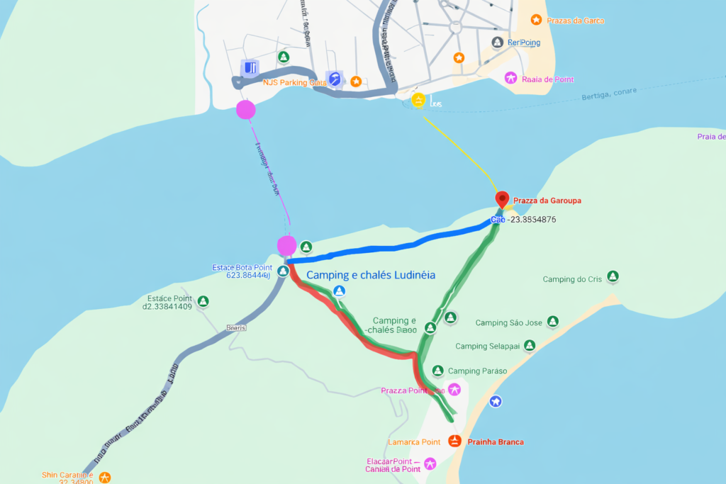 Mapa Mostrando as trilhas da prainha branca, a toca da garoupa , ermida, forte