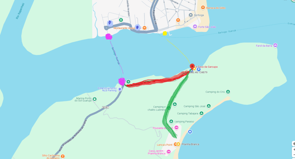 Em vermelho trilha para nosso espaço, em verde trilha da prainha branca , em rosa localização da balsa, em amarelo localização dos barco que saem para prainha branca e em azul estacionamentos aos quais indicamos